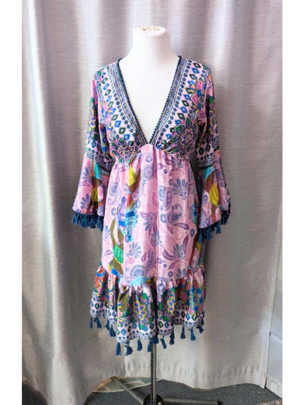 Isla Bonita Silk Beaded Tassel Boho Dress M
